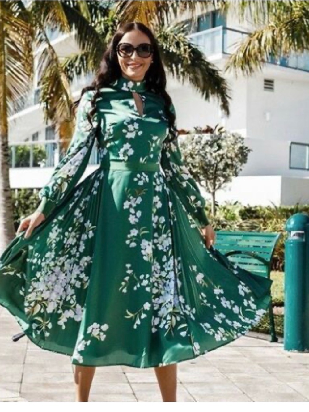 Ted Baker Green Floral Midi Dress with Keyhole Neck